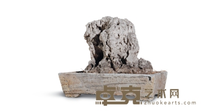 清·汉白玉长方形石盆连太湖石赏石 55×33×47cm