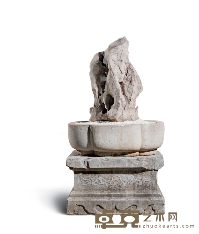 清·汉白玉带座海棠盆连太湖石赏石 80×56×145cm