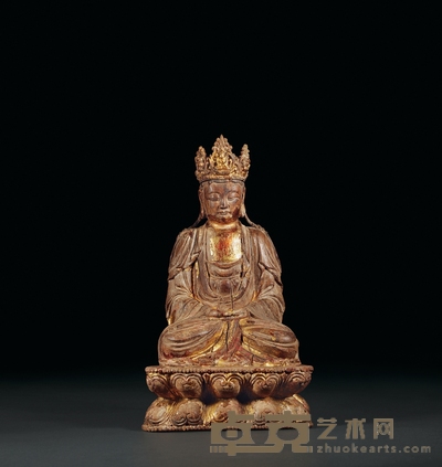 明·木胎莲瓣座观音像 高:32cm