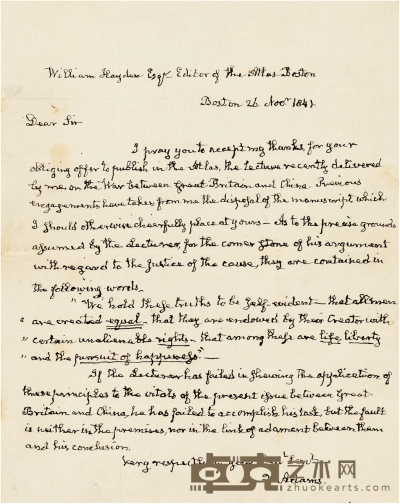 鸦片战争期间美国总统——约翰·昆西·亚当斯（1767～1848） 阐释第一次鸦片战争的重要亲笔信 25.5×20cm