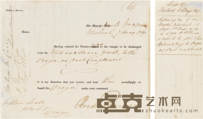 第一次鸦片战争英军总司令——伯 麦（James John Gordon Bremer，1786～1850） 签署文件 20×16cm