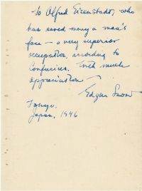 美国记者、“中国人民的忠实朋友”——斯 诺（Edgar Snow，1905～1972） 致“新闻摄影之父”阿尔弗雷德·艾森斯塔特亲笔信