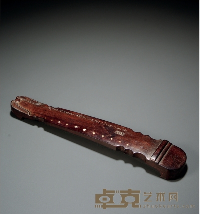 清·紫檀刻兰石款琴形臂搁 长：32.8cm 宽：5.5cm  厚:3cm