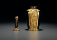 清·造办处制铜鎏金錾刻花鸟纹罐及香瓶一组二件