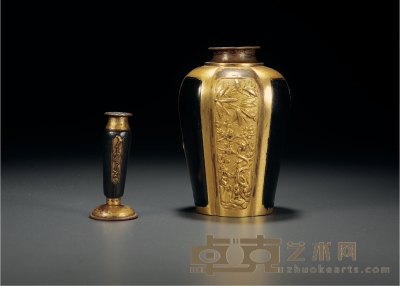 清·造办处制铜鎏金錾刻花鸟纹罐及香瓶一组二件 1.高：13cm 2.高：18cm