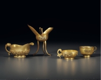 清·造办处制铜鎏金花鸟纹及兽面纹杯一组四件
