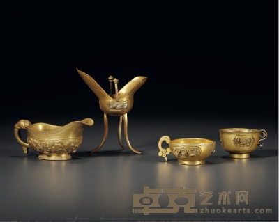 清·造办处制铜鎏金花鸟纹及兽面纹杯一组四件 口径：5cm 高：5.5cm 高：10.5cm 高：3cm