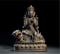明·铜漆金骑犼文殊菩萨坐像