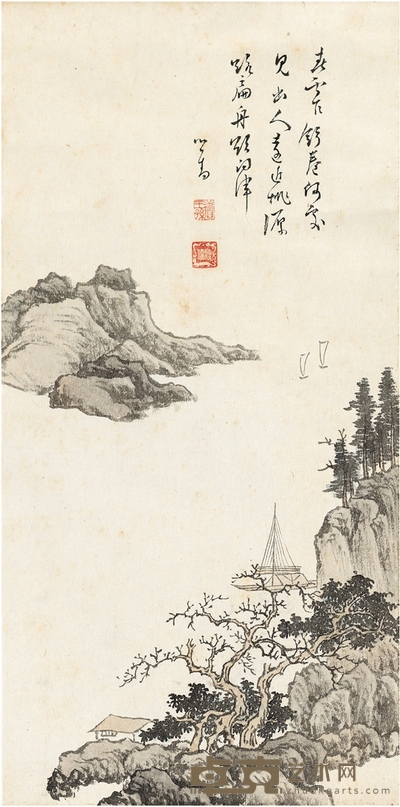 溥儒 江帆远影图 57×28cm