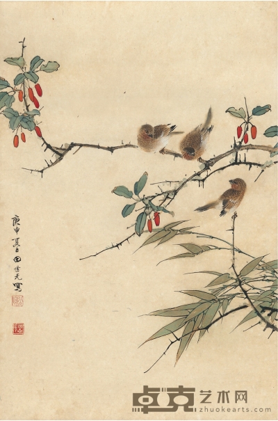 田世光 枝头鸟戏图 65.5×43cm