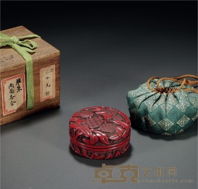 明·剔红荔枝纹香盒 高：3cm 直径：7cm