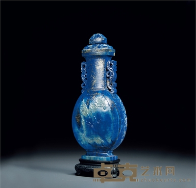 清·青金石雕喜鹊登梅赏瓶 高:20.2cm 带座高:22.5cm