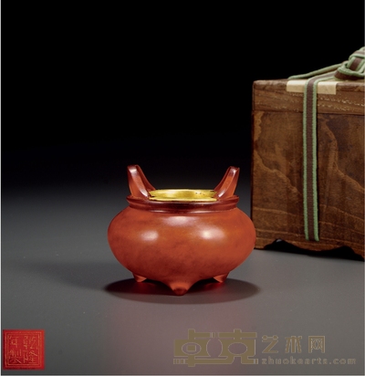 清·乾隆年制款赤料桥耳炉 高:7.5cm 口径:4.8cm