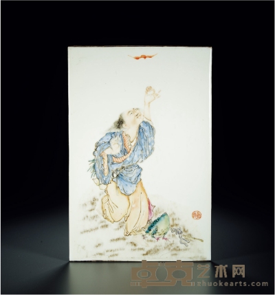 民国·粉彩刘海戏金蝉图瓷板 长：38.3cm 宽：25.3cm