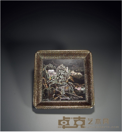 清·黑漆嵌螺钿高士出游图方盘 高:3cm 长:23cm 宽:23cm
