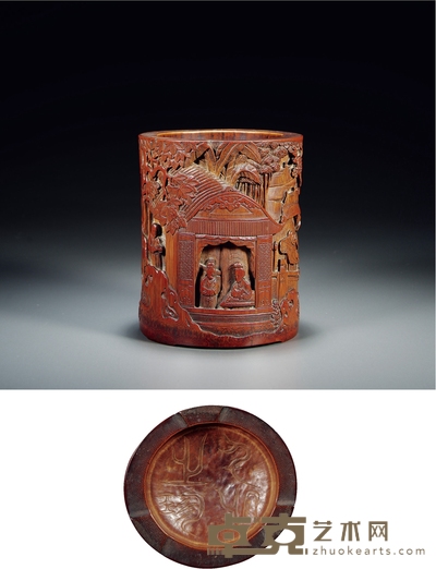 清·竹雕二乔读书图笔筒 高:15.8cm 直径:13.3cm