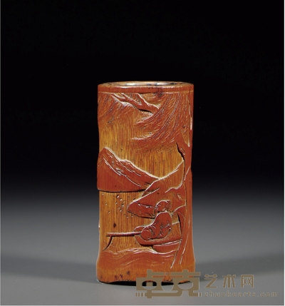 清·竹雕山水人物纹笔筒 高:11cm 口径:5.4cm