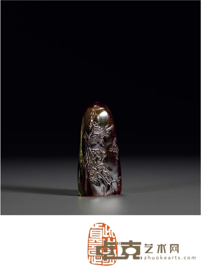 清·琥珀雕高士醉卧图印章 高:6cm 长:2.7cm 宽:1.9cm