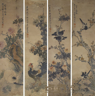 胡步青 花鸟四屏 130x32x4