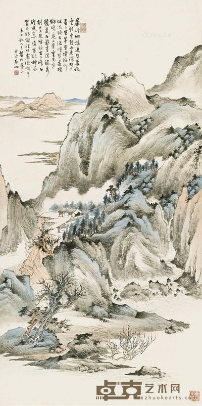 申石伽 群峰烟翠 129.5×65cm