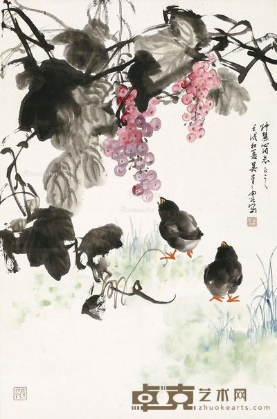 吴青霞 葡萄雏鸡图 69×46cm