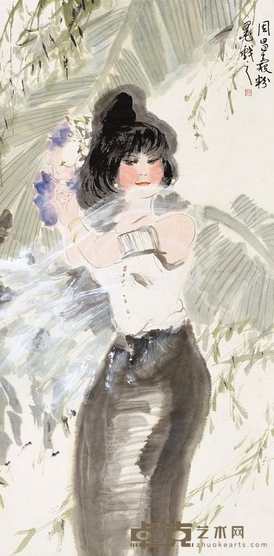 周昌谷 芭蕉少女图 134×66cm