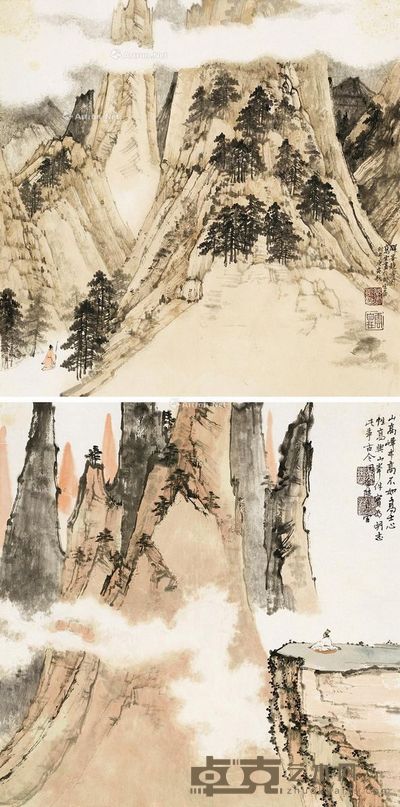 高云 深山高士 34×34cm×2