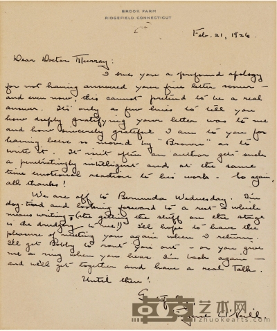 尤金·奥尼尔 有关《大神布朗》亲笔信 28×21.5cm