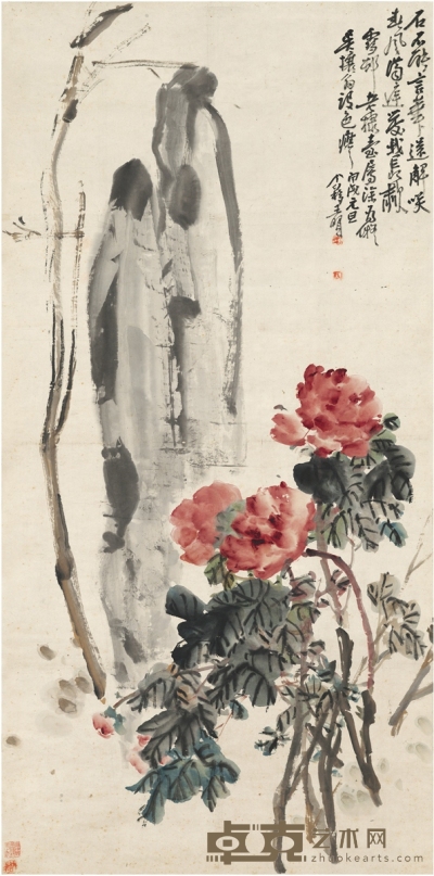 王个簃 奇石牡丹图 135.5×67cm
