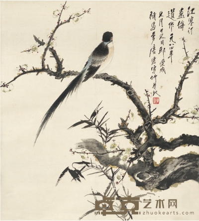 江寒汀  栖禽梅花图 75×68cm