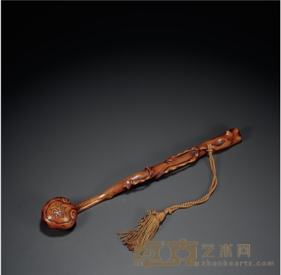 清·黄杨木雕灵芝纹如意 长：37.5cm