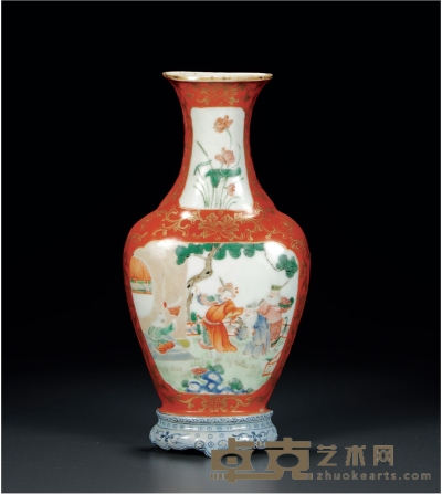 清同治·珊瑚红描金粉彩人物壁瓶 高：17cm