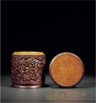 清中期 竹雕人物茶叶罐 高：15.5cm 口径：13cm
