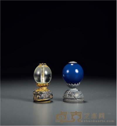 清·水晶及蓝琉璃帽顶一组两件 1.高：6cm 2.高：6.2cm