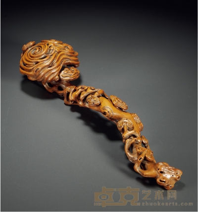 清·黄杨木雕灵芝纹如意摆件 长：34.5cm