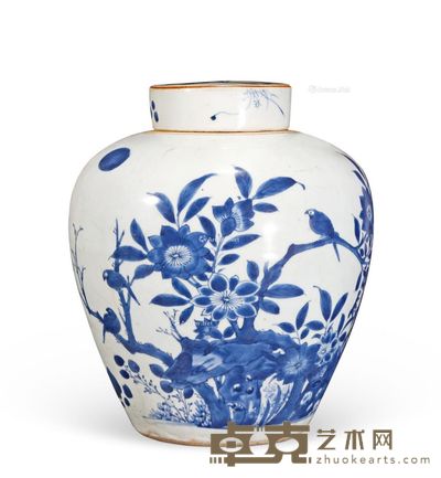 清顺治 青花花鸟纹盖罐 高27.5cm；口径9cm