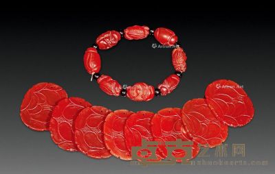 晚清 红玛瑙花片 红玛瑙灵猴手串 （一组八件） 长4.5cm；宽3.6cm