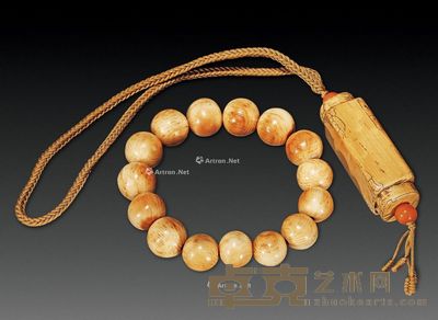 清 牙雕葫手串15粒 琮式勒子 (一组二件) 直径(单)1.5cm;长5.2cm;宽1.9cm