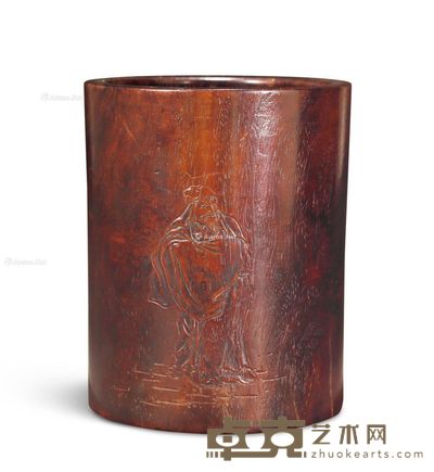 清雍正 潘西凤款黄花梨刻人物诗文笔筒 高15cm;直径12.4cm