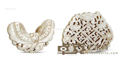 清 白玉蝶形扣 花珮 （一组二件） 长6.3cm；宽4.6cm