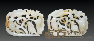 近代 白玉花鸟纹珮 (一对) 长5.6cm;宽3.8cm