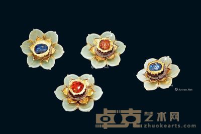 明 青白玉镶金嵌宝石花饰 (一组四件) --