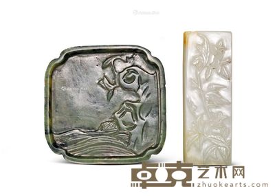 清 白玉花鸟纹镇纸 碧玉山水纹笔舔 长7.5cm;宽2.6cm;长6.7cm;宽6.6cm