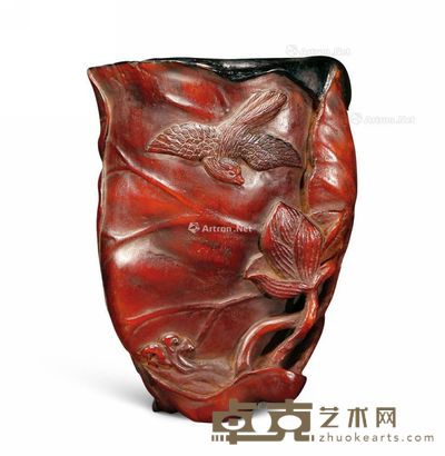 民国 角雕莲池春雁杯 宽8.5cm;高11.5cm