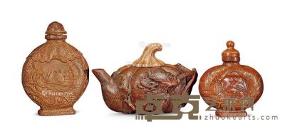 民国 竹根雕茶壶 鼻烟壶 （一组三件） 长11.8cm；宽9cm；高8cm