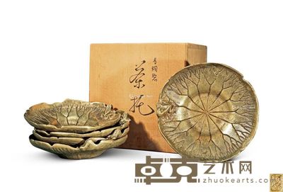 江户早期 琢斋款铜合金莲蓬青蛙茶托 （一组五件） 口径10cm