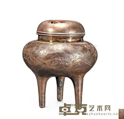 清 锡制花鸟纹三足炉 长10cm;高13cm