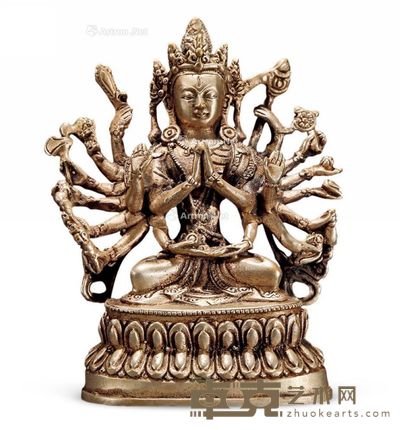 清 铜鎏银三眼十八臂准提佛母 宽7cm;高11cm