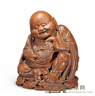 清 竹根雕戏狮罗汉 高19cm