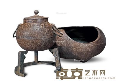 昭和早期 三严堂面取围风炉铁釜 （一套） 宽28cm；高25cm